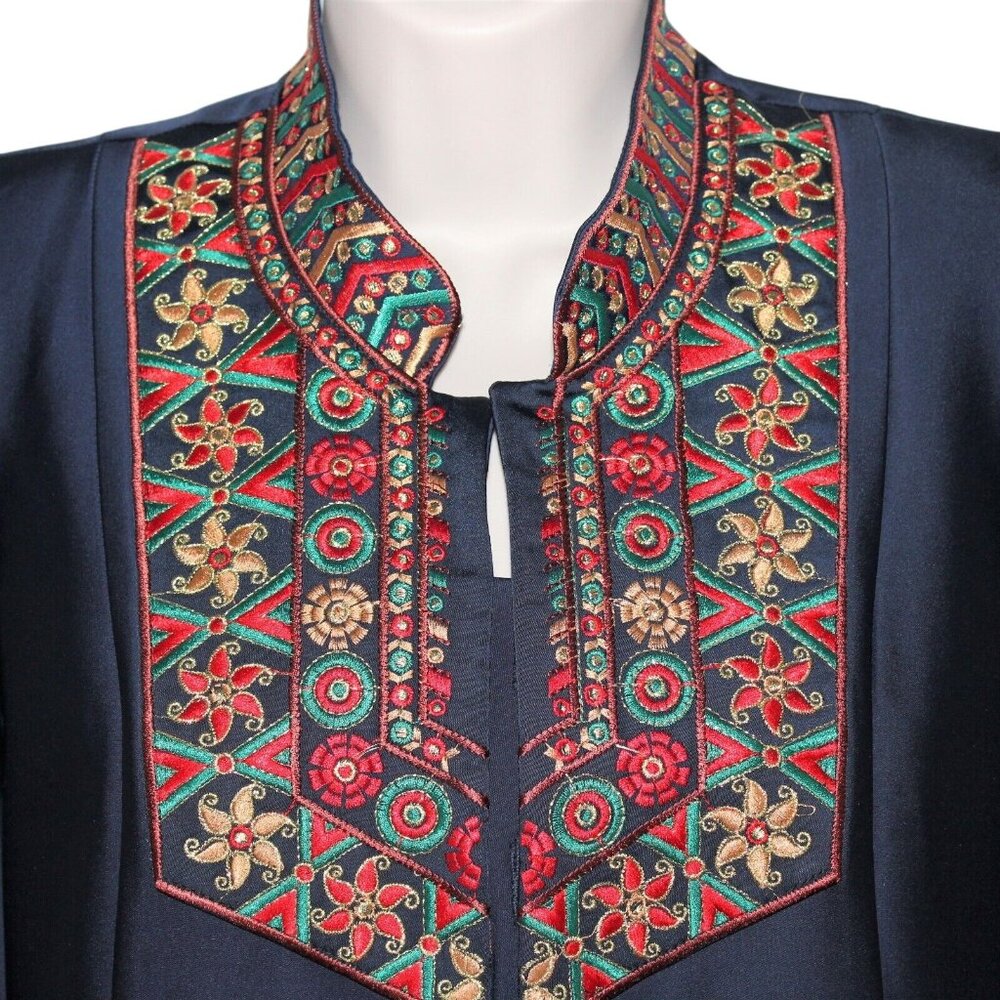 VTG Florance Sz 12 Eur 42 Navy Blue Embroidered Collar Hostess Gown Robe Dress - Picture 4 of 12